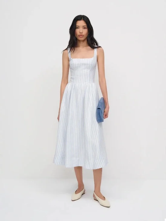 NEW Reformation Janu Midi Linen Dress Swan Stripe Blue White | US 2 / UK 6 - Picture 1 of 15